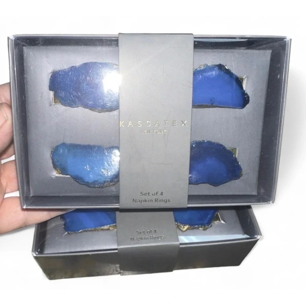 Kassatex New York Blue Agate Napkin Rings Set of 4 Gold Trim‎ Luxury